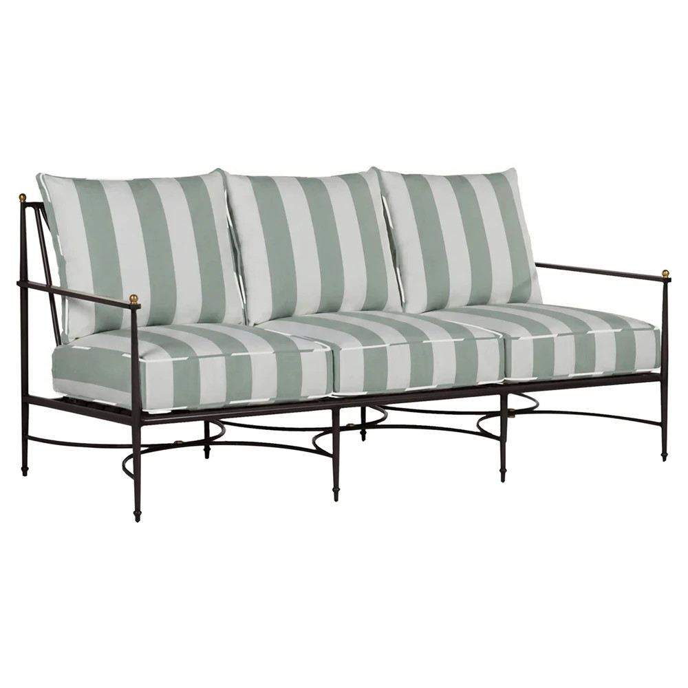 Roma Cabana Mist Stripe Sunbrella Slate Grey Aluminum Outdoor Sofa - 77" | Kathy Kuo Home