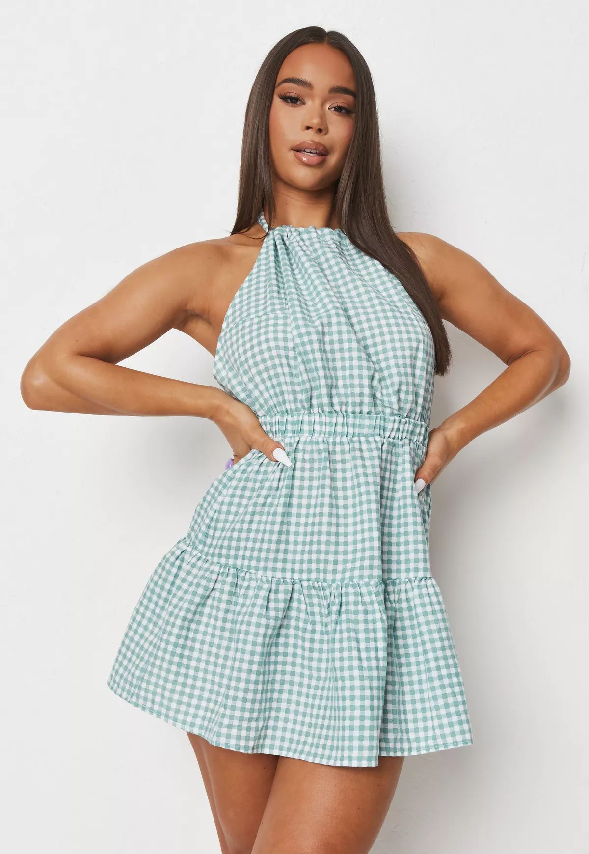 Blue Gingham Print Tiered Tie Back Dress | Missguided (US & CA)