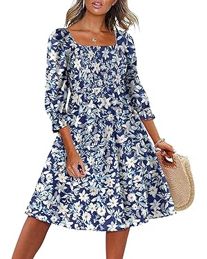 Caracilia Women 3/4 Sleeve Square Neck 2026 Summer Fall Wedding Guest Floral Smocked Casual Boho ... | Amazon (US)