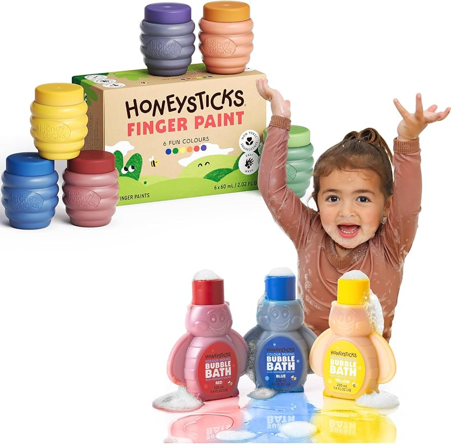 Honeysticks Non-Toxic Finger Paint (6 Colors) & Kids Bubble Bath Set – Washable, Safe for Toddl... | Amazon (US)
