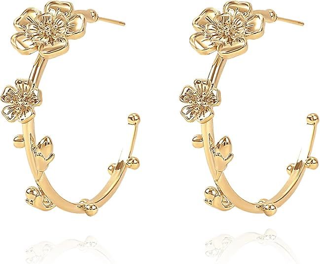 Gold Flower Hoop Earrings for Women 14K Gold Plated Flower Open Round Hoop Earrings Dangle Floral... | Amazon (US)