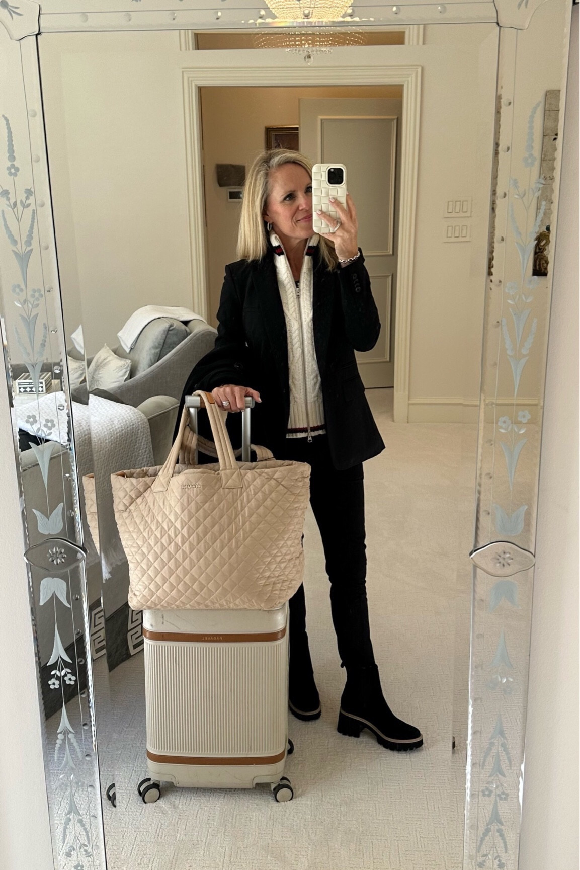 A great travel look that is super chic!   Love these fabulous pants for travel from Frank and Eileen. I get why they call them Billion Dollar pants! They are amazingly comfortable and chic 
Paired with a Veronica Beard blazer with sweater Dickey and waterproof black suede booties with lug sole. They are comfortable too! 
All fit TTS


Veronica Beard Dickey Blazer
Frank & Eileen Billion Dollar pants
parable aviator carry on plus
my wallace large metro tote
black lug sole boots


#LTKtravel #LTKSeasonal #LTKover40