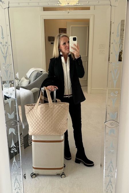 A great travel look that is super chic!   Love these fabulous pants for travel from Frank and Eileen. I get why they call them Billion Dollar pants! They are amazingly comfortable and chic 
Paired with a Veronica Beard blazer with sweater Dickey and waterproof black suede booties with lug sole. They are comfortable too! 
All fit TTS


Veronica Beard Dickey Blazer
Frank & Eileen Billion Dollar pants
parable aviator carry on plus
my wallace large metro tote
black lug sole boots


#LTKtravel #LTKSeasonal #LTKover40
