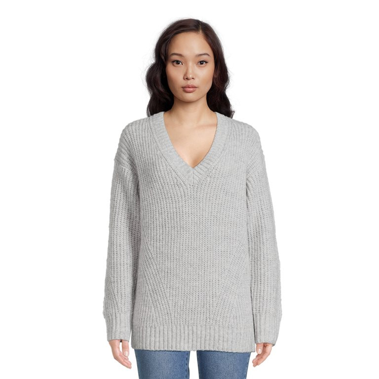 No Boundaries Juniors' Mixed Stitch V-Neck Sweater, Midweight, Sizes XS-XXXL | Walmart (US)