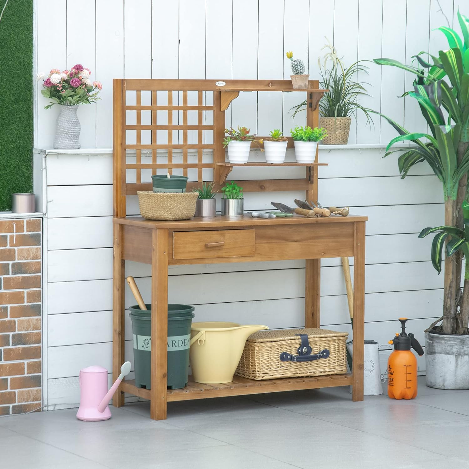 Outsunny Potting Bench Table, Garden Work Bench, Outdoor Wooden Workstation with Tiers of Shelves... | Amazon (US)