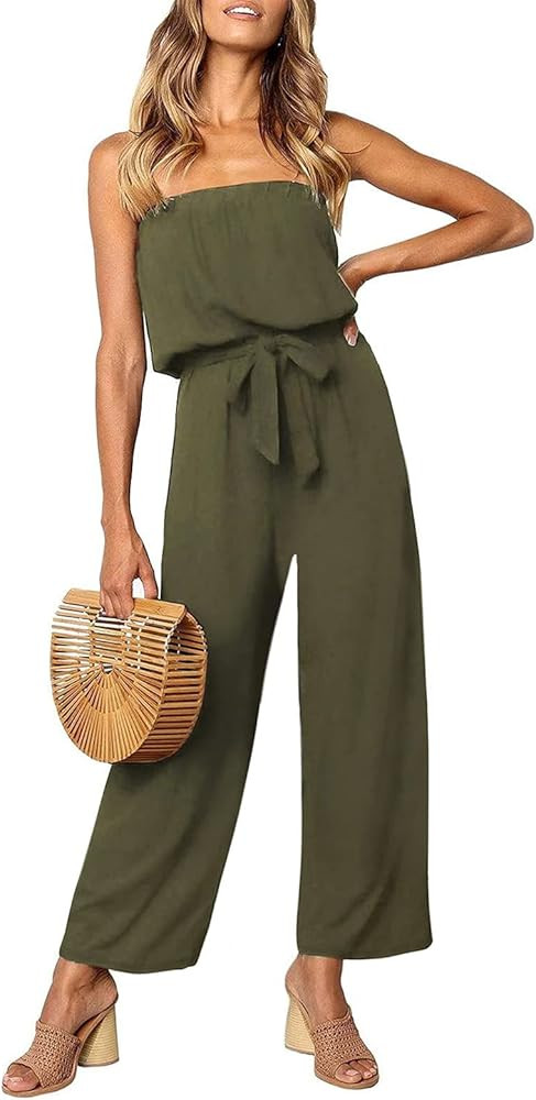 ZESICA Women's Casual Off Shoulder Solid Color Strapless Belted Wide Leg Jumpsuit Romper | Amazon (US)