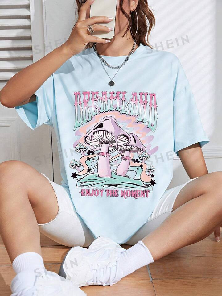 SHEIN EZwear Mushroom & Slogan Graphic Drop Shoulder Tee | SHEIN