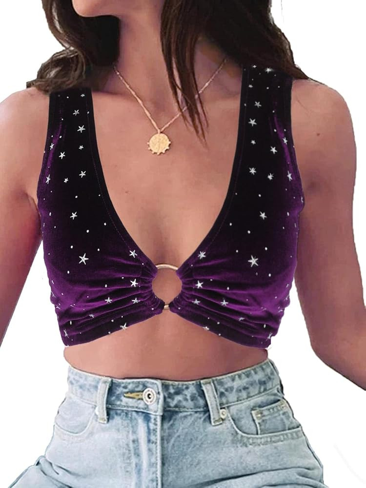 Women's Velvet Sparkly Tops Festival Clothes Cute Party Top Sexy Sequin Crop Top | Amazon (US)