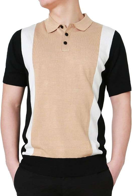 uxcell Men Color Block Patchwork Knitted Short Sleeves Striped Button Golf Polo Shirts | Amazon (US)