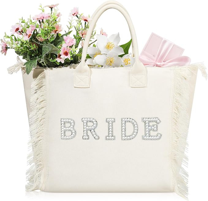 Bride Beach Gifts Tote Bag Wedding Large Bridal Shower Gift Pearl Rhinestone Tote Bag for Engagem... | Amazon (US)