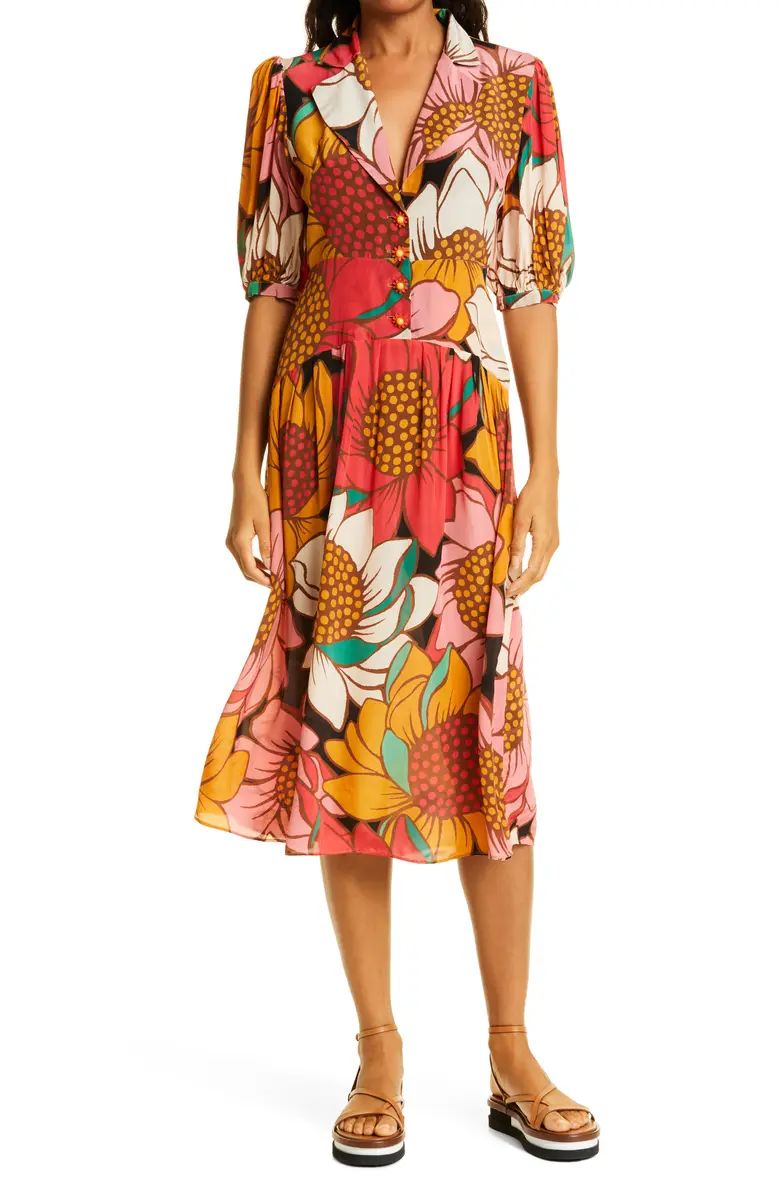 A vibrant sunflower pattern blossoms on a stunning midi dress complete with an open back and flow... | Nordstrom