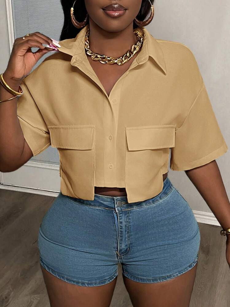 Slaydiva Casual Street Style White Polo Collar Pocket Short Top With Patch Pockets Short Sleeve Blouse For Women | SHEIN