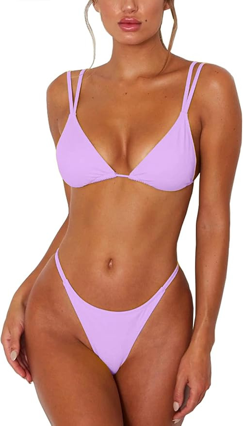 ForBeautyShe Women's Sexy Thong Bottom Two Piece Bikini Double Shoulder Straps Cute Swimsuit Tria... | Amazon (US)