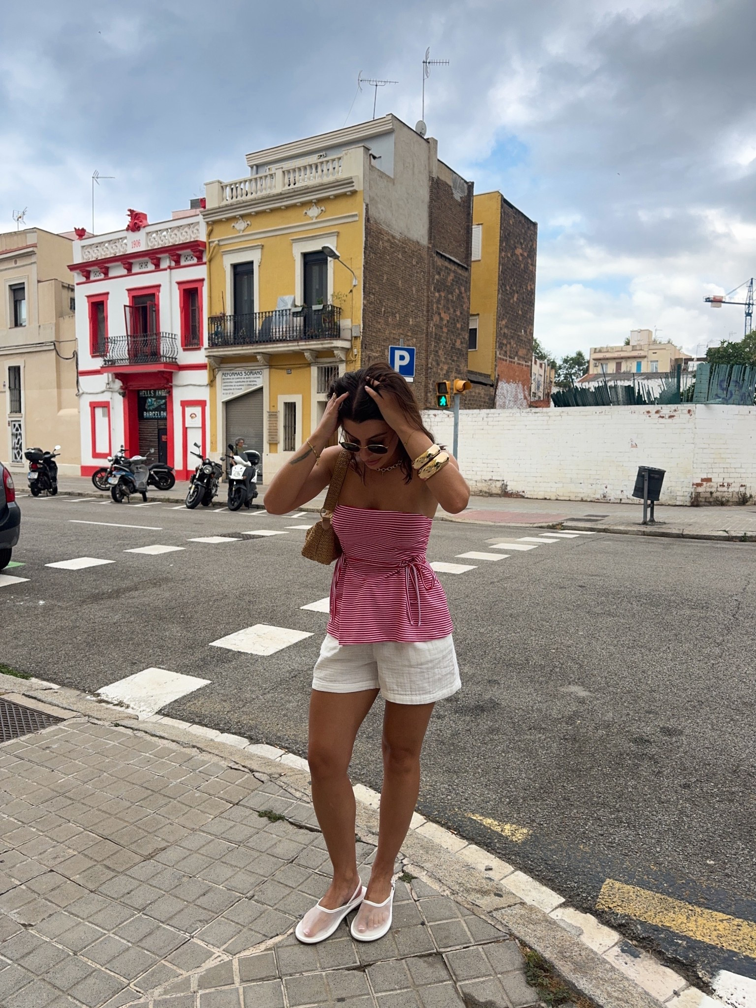 Petite outfit, strapless top, stripe top, cotton shorts, waffle shorts, holiday outfit, summer style, straw bag, petite style, wardrobe, essentials, bangles, sandals, mesh, red, white, asos, topshop, primark, statement jewellery 

#LTKeurope #LTKpetite #LTKsummer