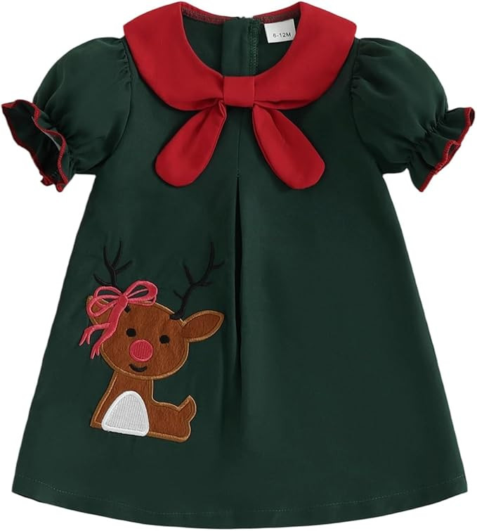 Toddler Baby Girl Christmas Outfit Santa Claus/Reindeer/Tree Embroidery Plaid Short Sleeve Smocke... | Amazon (US)