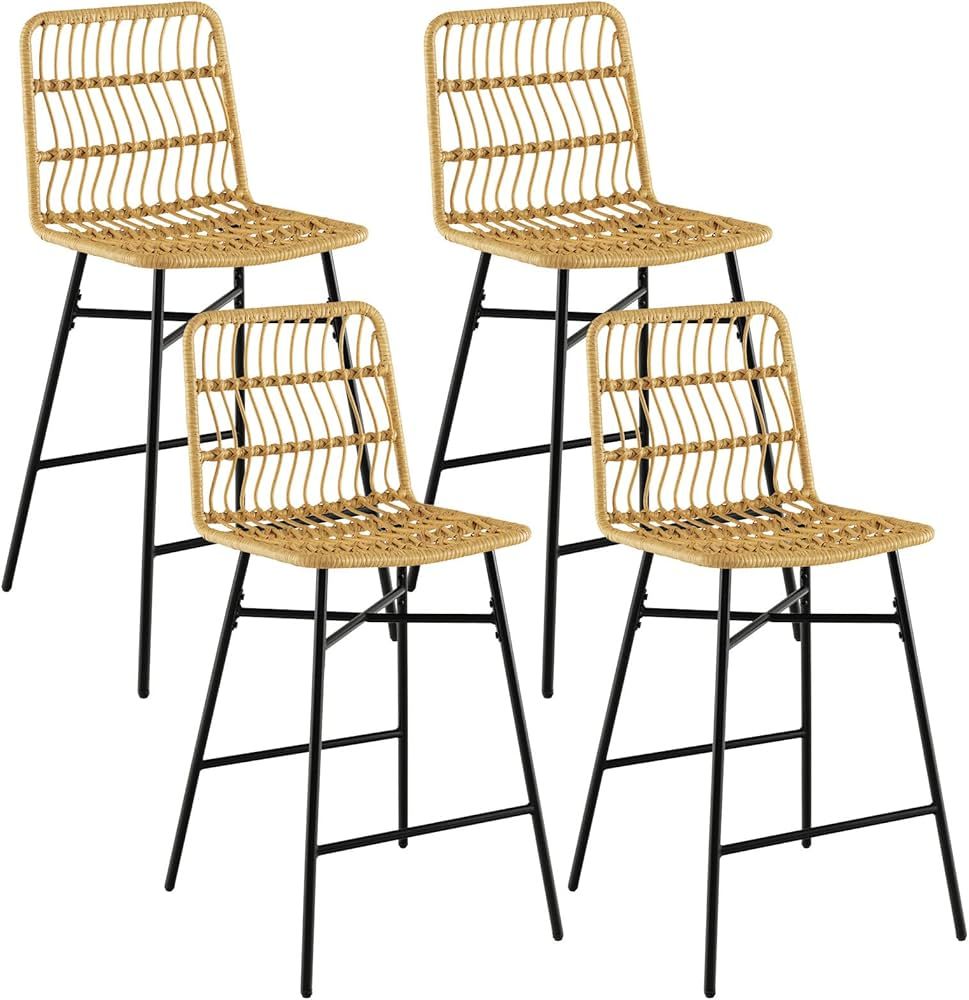 COSTWAY Rattan Bar Stools Set of 2, 27 Inches Counter Height Bar Stools with Sturdy Metal Frame, ... | Amazon (US)