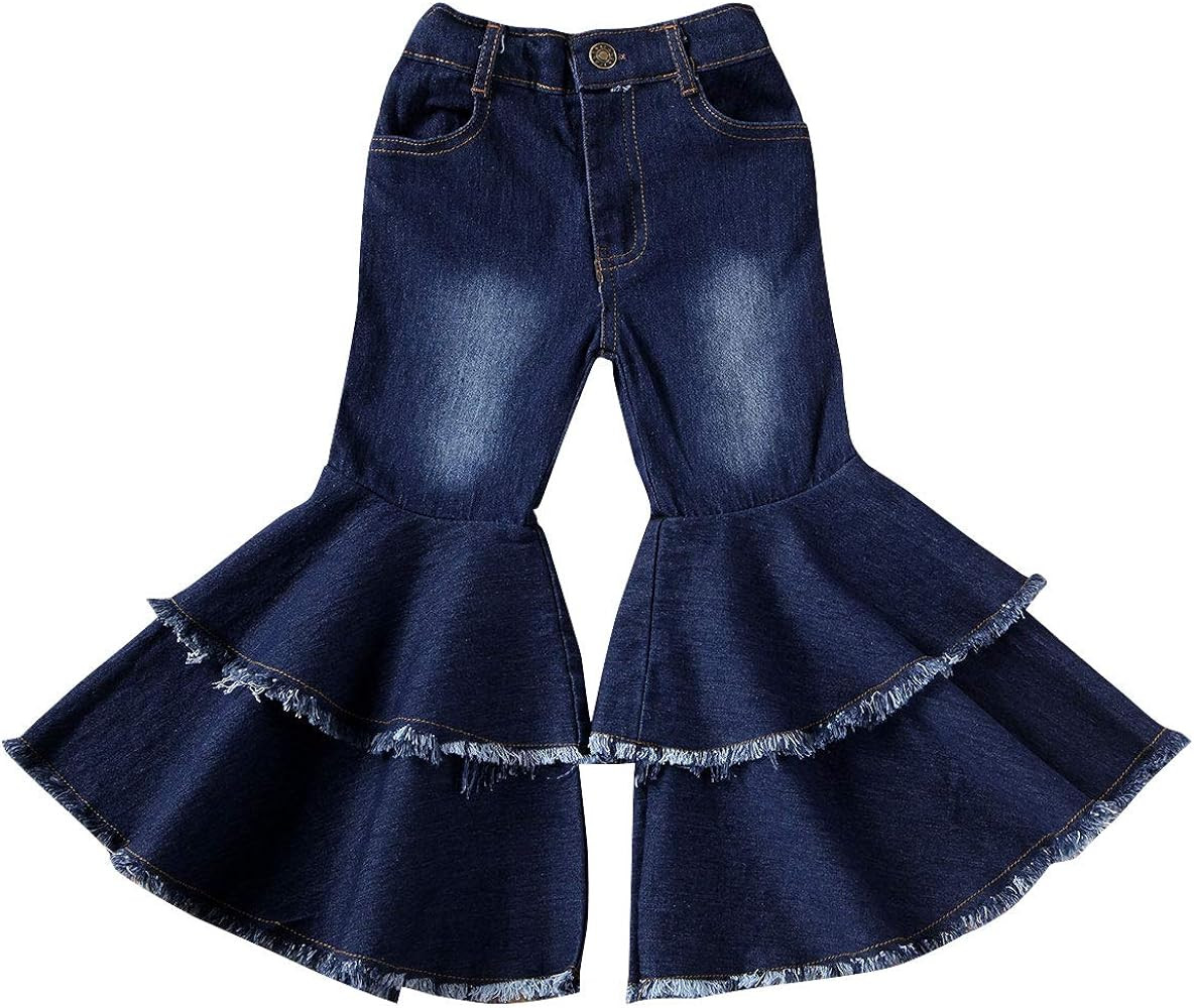 FIOMVA Toddler Baby Girls Flare Pants Solid Denim Ripped Jeans Ruffle Wide Leg Legging Trousers H... | Amazon (US)