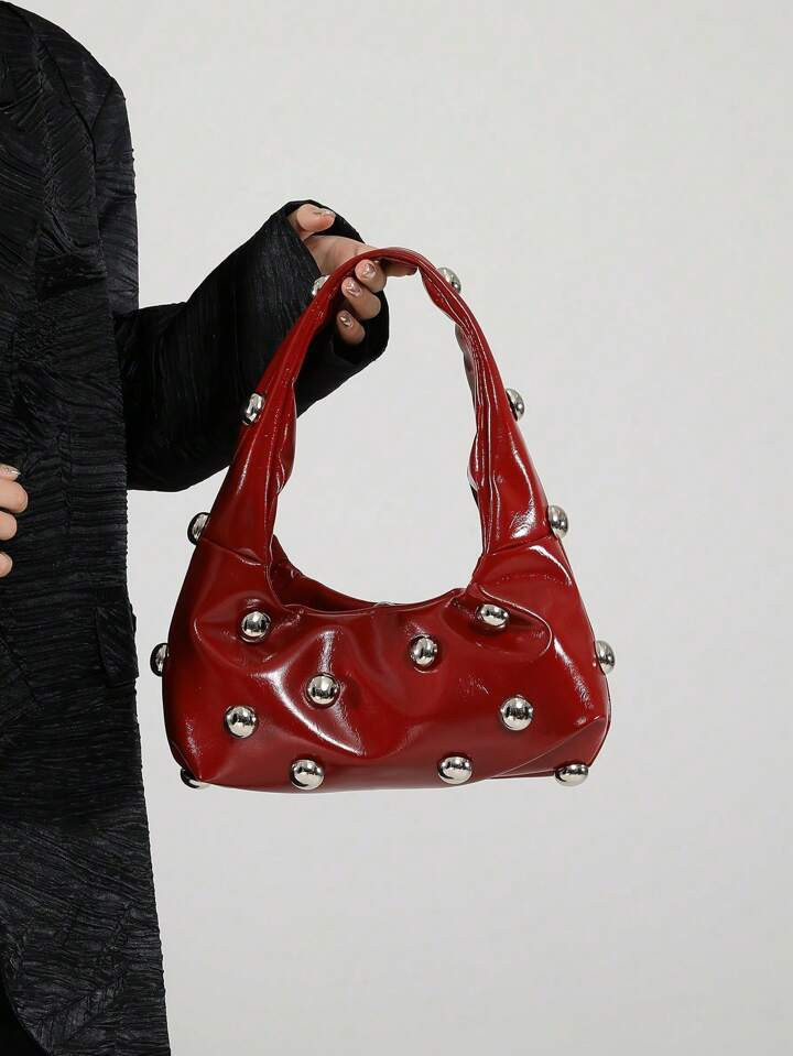 New Fashion Retro Red & Burgundy Rivet Decorated Crescent Shoulder Bag, Large Capacity Oil Wax Soft Leather Crossbody Bag For Office, Leisure & Travel, Autumn/Winter, Fashionable Burgundy Bag | SHEIN
