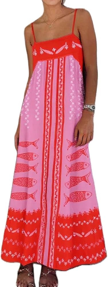 Juakoso Women Spaghetti Strap Maxi Dress Summer Sleeveless Flowy Long Dress Y2k Floral Print Vaca... | Amazon (US)