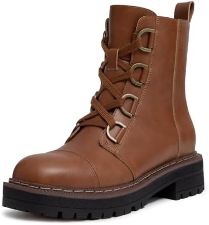 Athlefit Women's Lace-Up Combat Boots Platform Chunky Low Heel Lug Sole Ankle Booties | Amazon (US)