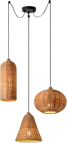 LIGHTLAND 3-Light Wabi-sabi Style Rattan Pendant Light, Woven Rattan Chandelier, Rattan Hanging L... | Amazon (US)