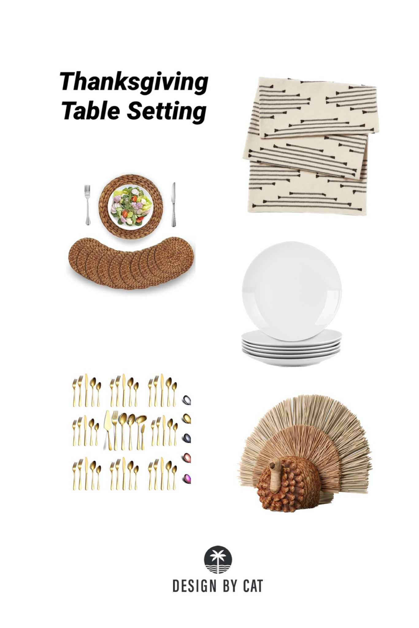 Thanksgiving Table Decor
Table Centerpiece Decor
Black and White Runner
Gold silverware
Plain white plates 
Woven round placemats

#LTKhome #LTKSeasonal