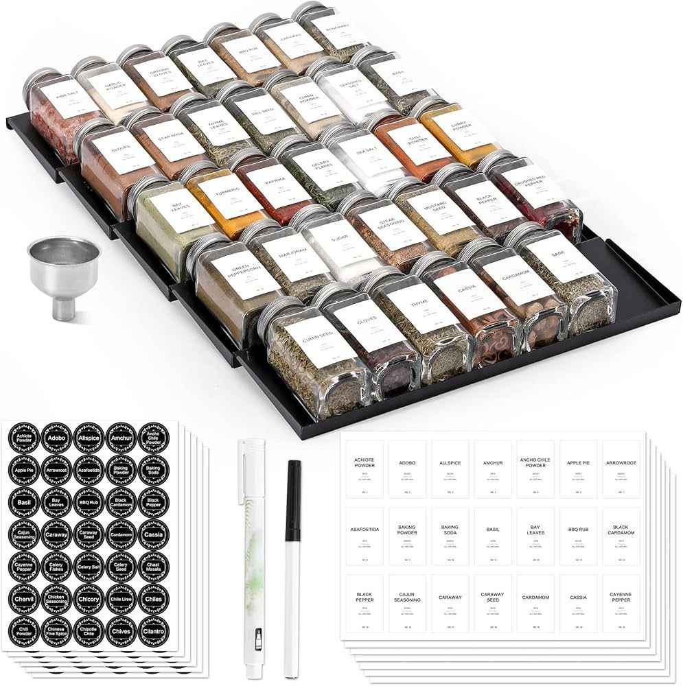 MIUKAA 5 Tier Black Metal Spice Drawer Organizer with 34 Spice Jars, 372 Named Labels, Shake Lids... | Amazon (US)