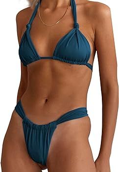 Rooscier Women's Retro Halter Triangle Top Push Up 2 Piece String Bikini Set Swimsuits | Amazon (US)