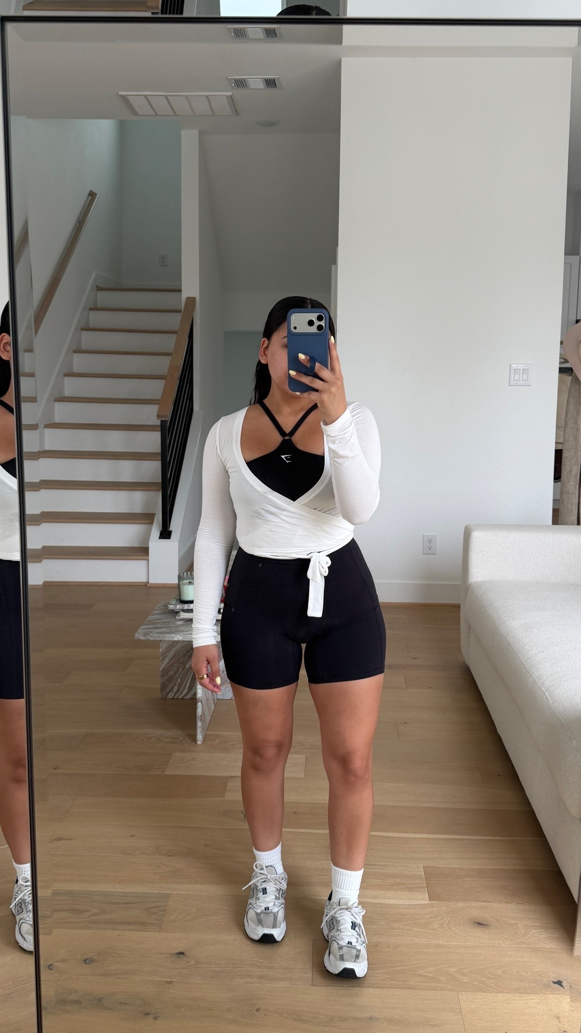 Sports bra: old, linked similar 
Biker shorts: small
Wrap top: small
Pilates grip socks 
Sneakers: 4.5 men 

#LTKActive #LTKootd #LTKgrwm