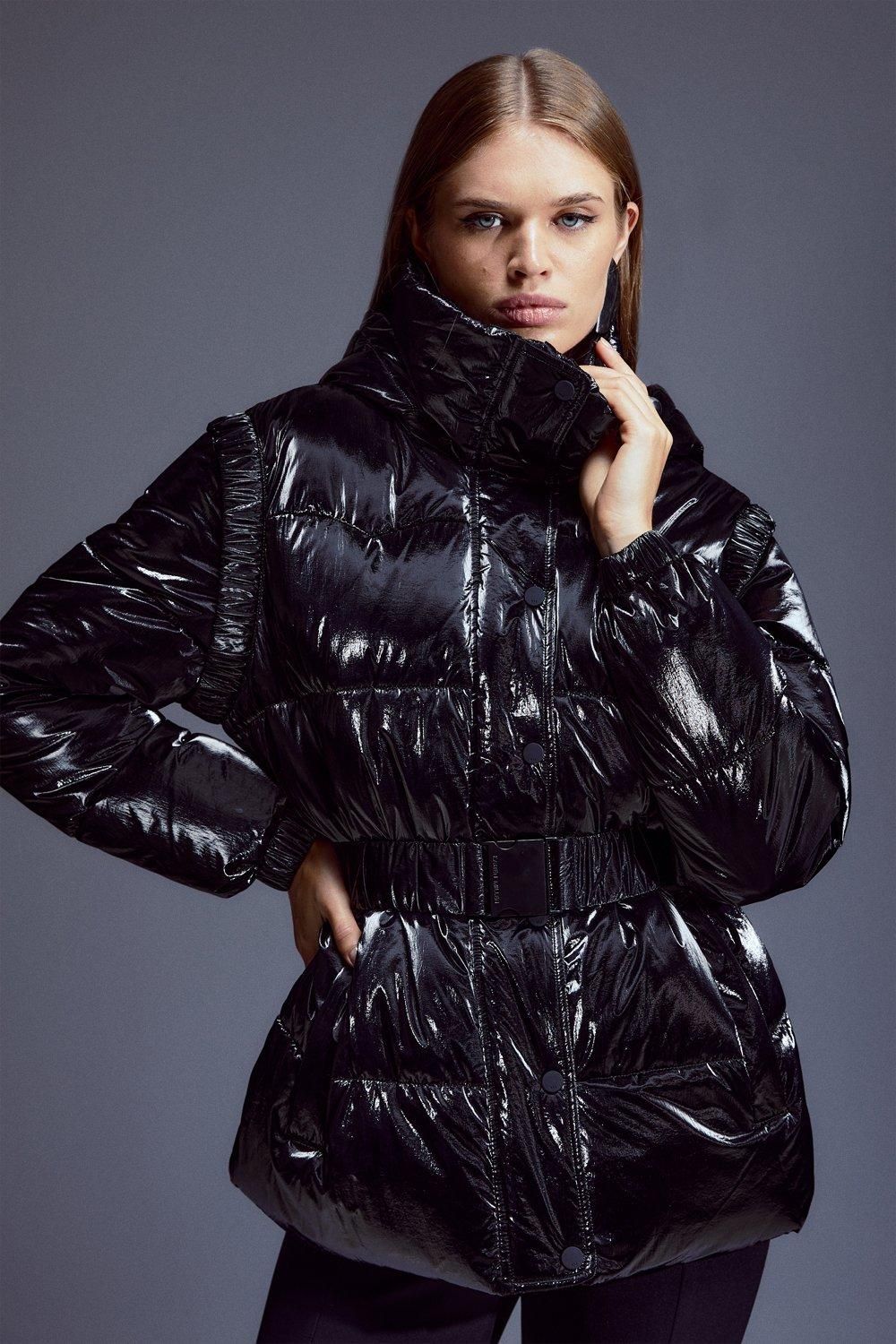 High Shine Hooded Detachable Puffer Coat | Karen Millen UK + IE + DE + NL