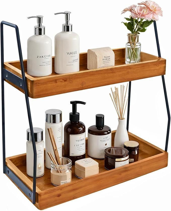 Acacia Bathroom Organizer Countertop 13.6 x 14 x 6.7 inches, 2-Tier Wood Counter Standing Rack, C... | Amazon (US)
