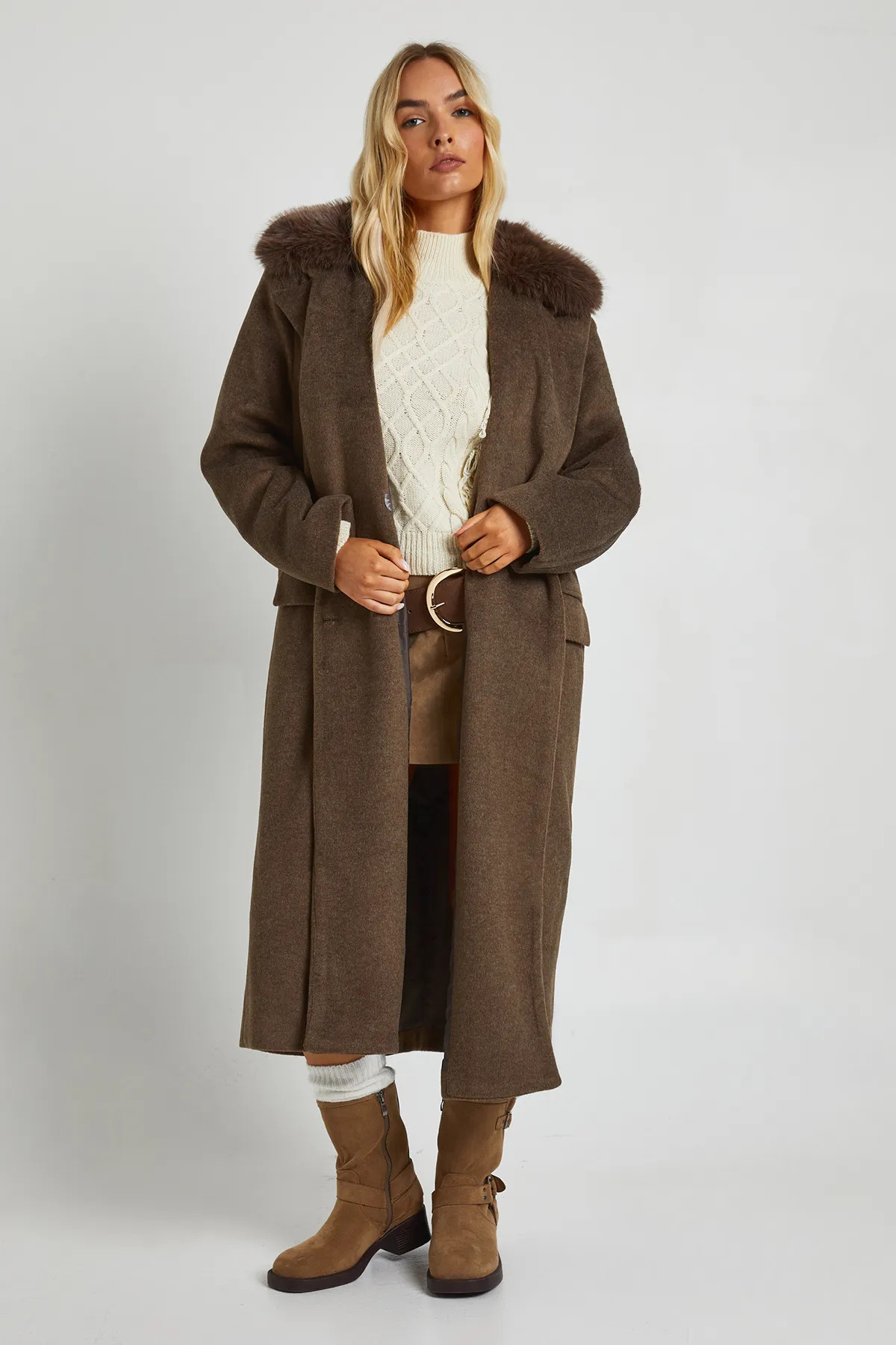 Faux Fur Trim Oversized Double Breasted Wool Look Coat | boohoo (US & Canada)