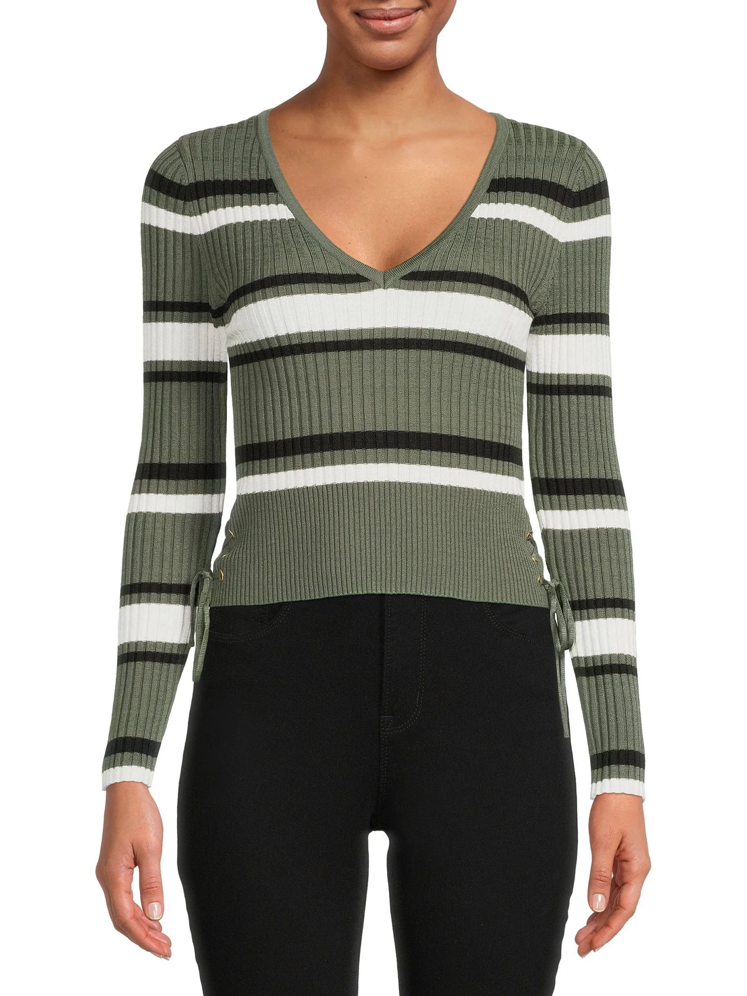 No Boundaries Junior's Stripe V-Neck Sweater - Walmart.com | Walmart (US)