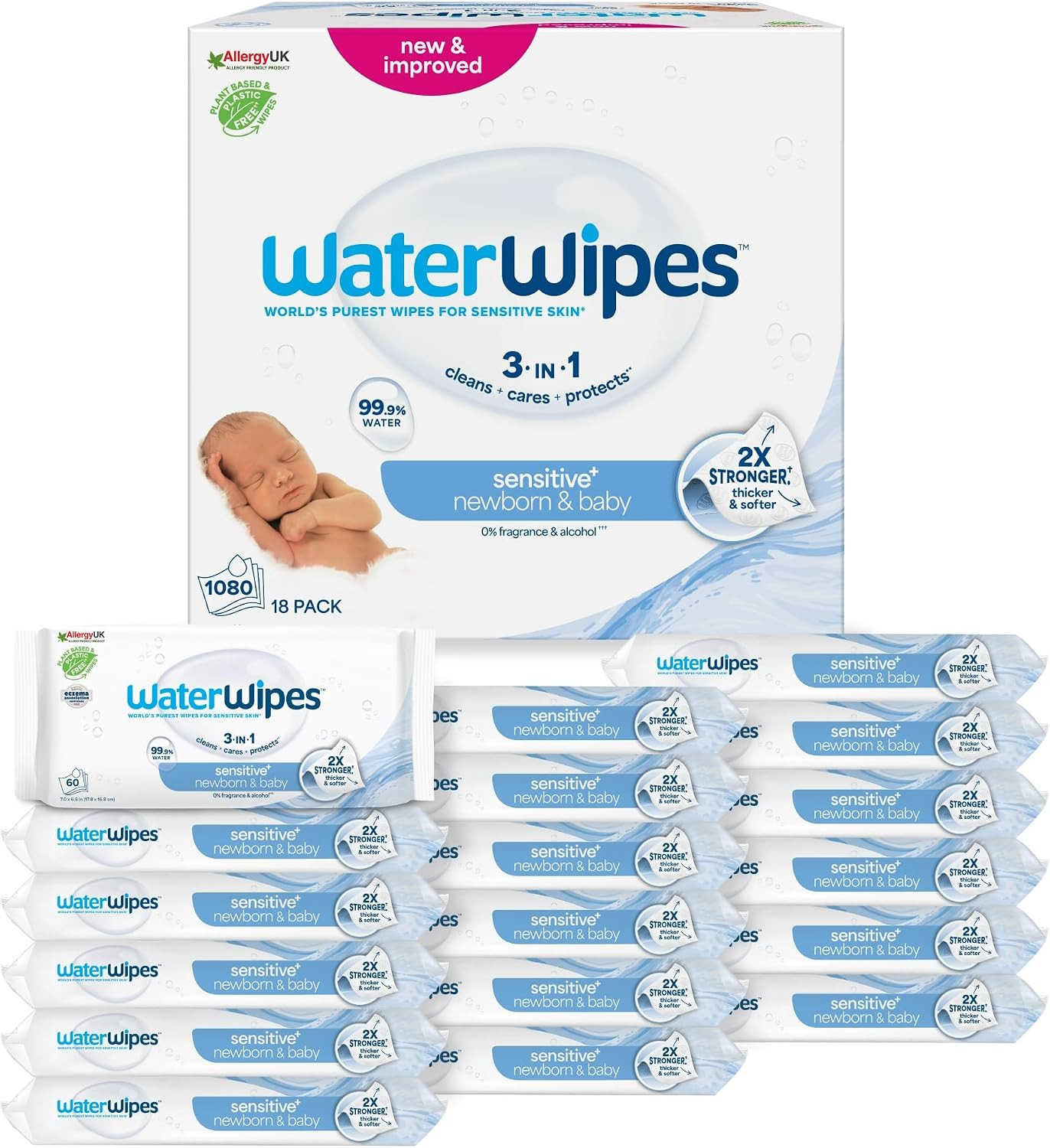 WaterWipes Sensitive+ Newborn & Baby Wipes, 1080 Count (18 Packs), 3-In-1 Cleans, Cares, Protects, 99.9% Water, Unscented | Amazon (UK)