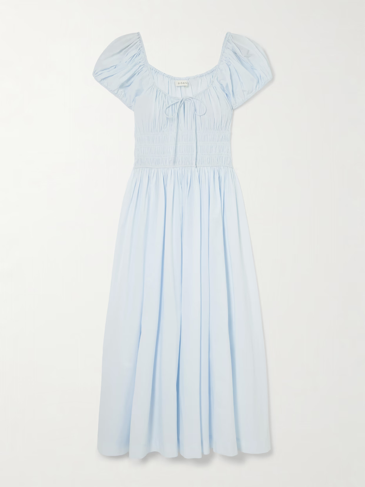 DÔEN - Quinn Tie-detailed Shirred Organic Cotton-poplin Midi Dress - Blue | NET-A-PORTER (US)