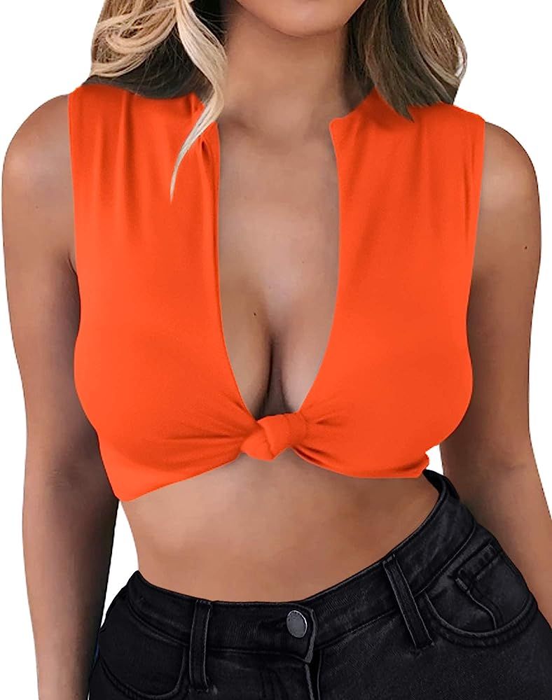 “N/A” Crop Tops for Women Sexy Plunge V Neck Sleeveless Knot Tie Front Basic Crop Tank Top (Z... | Amazon (US)