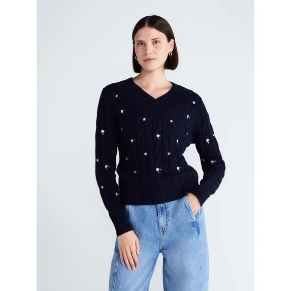 Free Assembly Women's and Women's Plus Cotton Cable Knit Sweater, Midweight, Sizes XS-4X | Walmart (US)