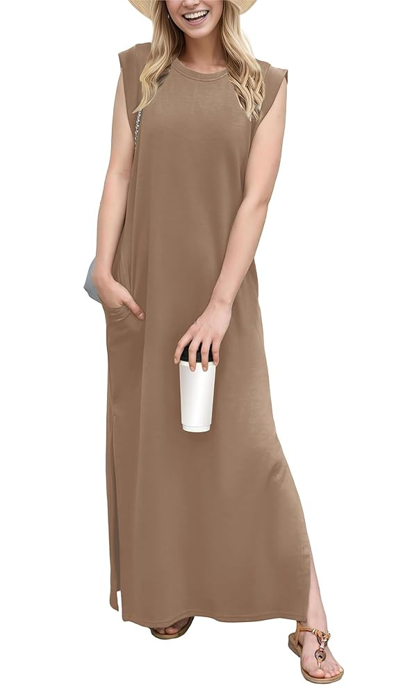 GRECERELLE 2025 Women Year-Round Casual Round Neck Loose Split Wrinkle-Free Long Maxi Vacation Dr... | Amazon (US)