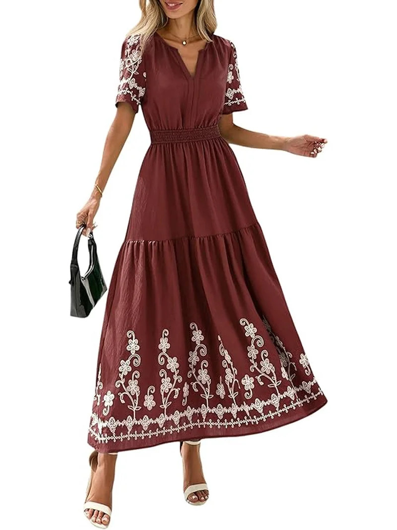 PRETTYGARDEN Women's Summer Boho Maxi Dress Spring Floral Short Sleeve V Neck A Line Flowy Beach ... | Walmart (US)