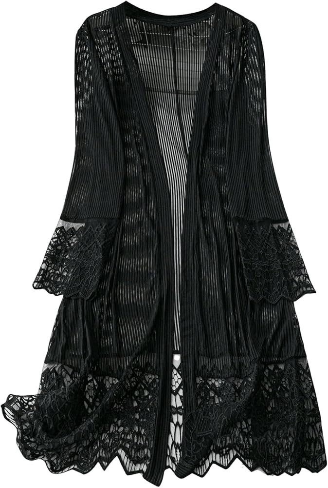 GORGLITTER Women's Plus Size Lace Long Cardigan Kimono Fall Trendy Long Sleeve Open Front Light W... | Amazon (US)