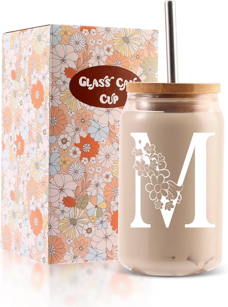 Initial Glass Cup, Monogrammed Gifts for Women, 16 oz Glass Cups with Lids and Straws, Iced Coffe... | Amazon (US)