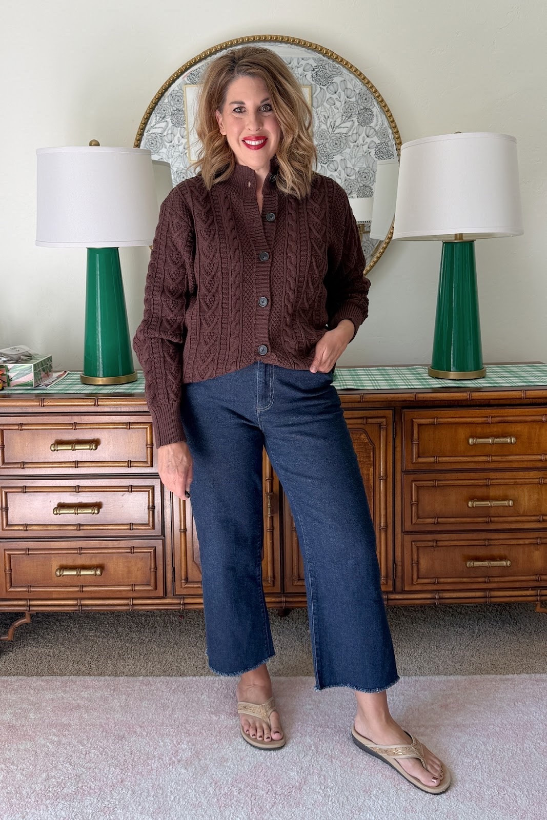 $17 Cotton blend cable soft sweater, $14 elastic back jeans with cut hem