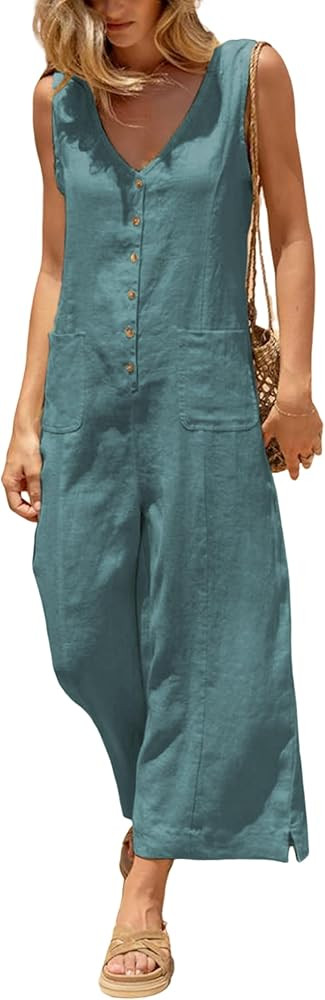 Yeokou Women Button Down Jumpsuits Cotton Linen Sleeveless Casual Wide Legs Rompers Loose Overall... | Amazon (US)