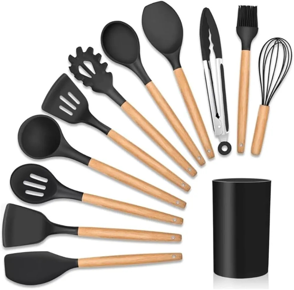 Kit 12 Utensílios De Cozinha Em Silicone E Cabo De Madeira Jogo De Utensílios Resistente ao Cal... | Amazon (BR)