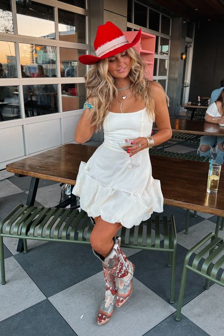 CMA Fest day, two outfit with a fun ruffle dress from pretty little thing, boots from Boot Barn, jewelry from Kendra Scott, Allie, and Bess, and hat from Gigi Pip!!

#LTKParties #LTKShoeCrush #LTKSeasonal