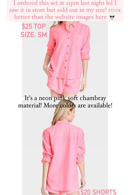 Neon pink chambray shirt / pink soft denim shirt / neon pink button down / neon pink set / spring 2023 
Size: SM top, XS shorts 

#LTKSeasonal #LTKunder50 #LTKFind