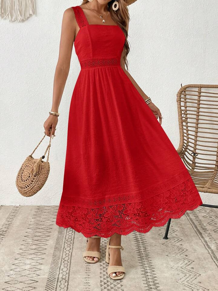 SHEIN VCAY Women's Holiday Casual Solid Color Sleeveless Dress With Lace Details And Cinched Wais... | SHEIN