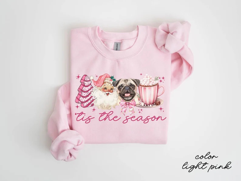 Pug Dog Christmas Sweatshirt, Pug Dog Christmas Gifts, Pink Christmas Crewneck, Sweater Shirt, Wo... | Etsy (US)