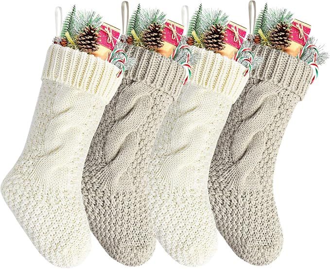Pack 4, Ivory White and Khaki Knit Christmas Stockings 14" | Amazon (US)
