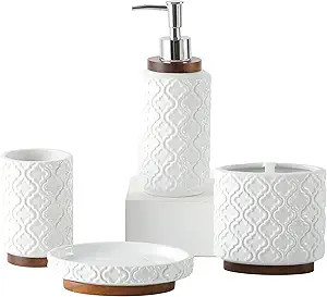RQYIXI Bathroom Accessories Set 4 Pcs Toothbrush Holder Soap Dispenser Ceramic and Wood Bathroom ... | Amazon (US)